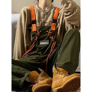2022 Men's Fashion Retro Army Green Work Suspenders American Streetwear Casual Pants Loose Fashion Trousers Romper Jumpsuit aidase-shop